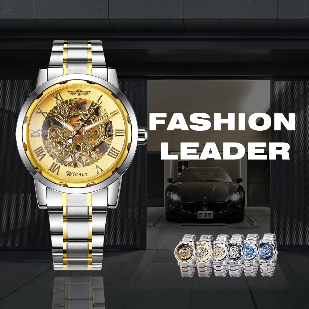 

Fashion Men's Watches Top Brand Luxury Gold Transparent Skeleton Dial Automatic Men Wrist Watch Waterproof Luminous Clock