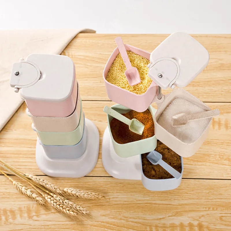

Rotating Cruet Condiment Jar Set with Cover and Spoon Seasoning Rack Spice Pots Storage Container Multifunction Kitchen Utensils