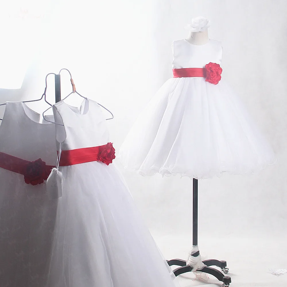 FG82 реальные фотографии Yiaibridal красный пояс и цветы белое платье для первого причастия Бальные платья для детей