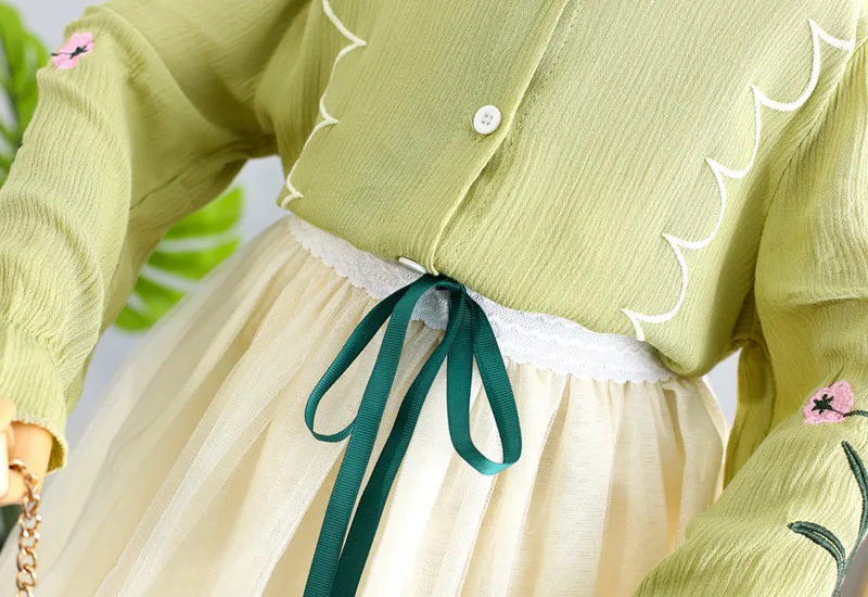 HE Hello Enjoy/детское платье винтажная одежда для девочек г. Осенняя рубашка с длинными рукавами и вышивкой+ сетчатое платье с бантом элегантная одежда из 2 предметов