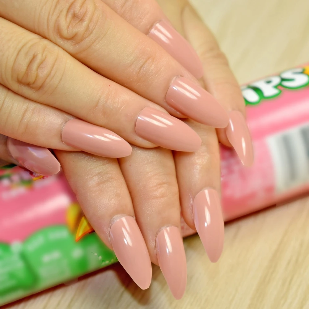 Oval Stiletto Point Full False Nail Tips Medlium Beige Nature Almond