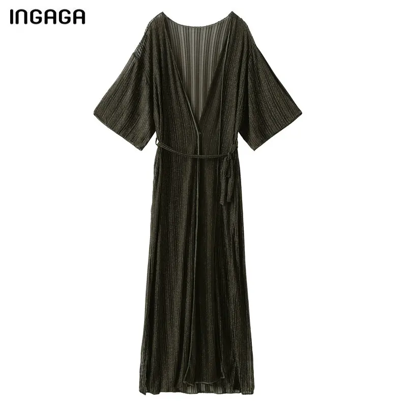 

INGAGA New 2019 Long Beach Dress Transparent Mesh Swimwear Women Beachwear Cover Up Sexy Swimsuit Short Sleeve Bathing Suits