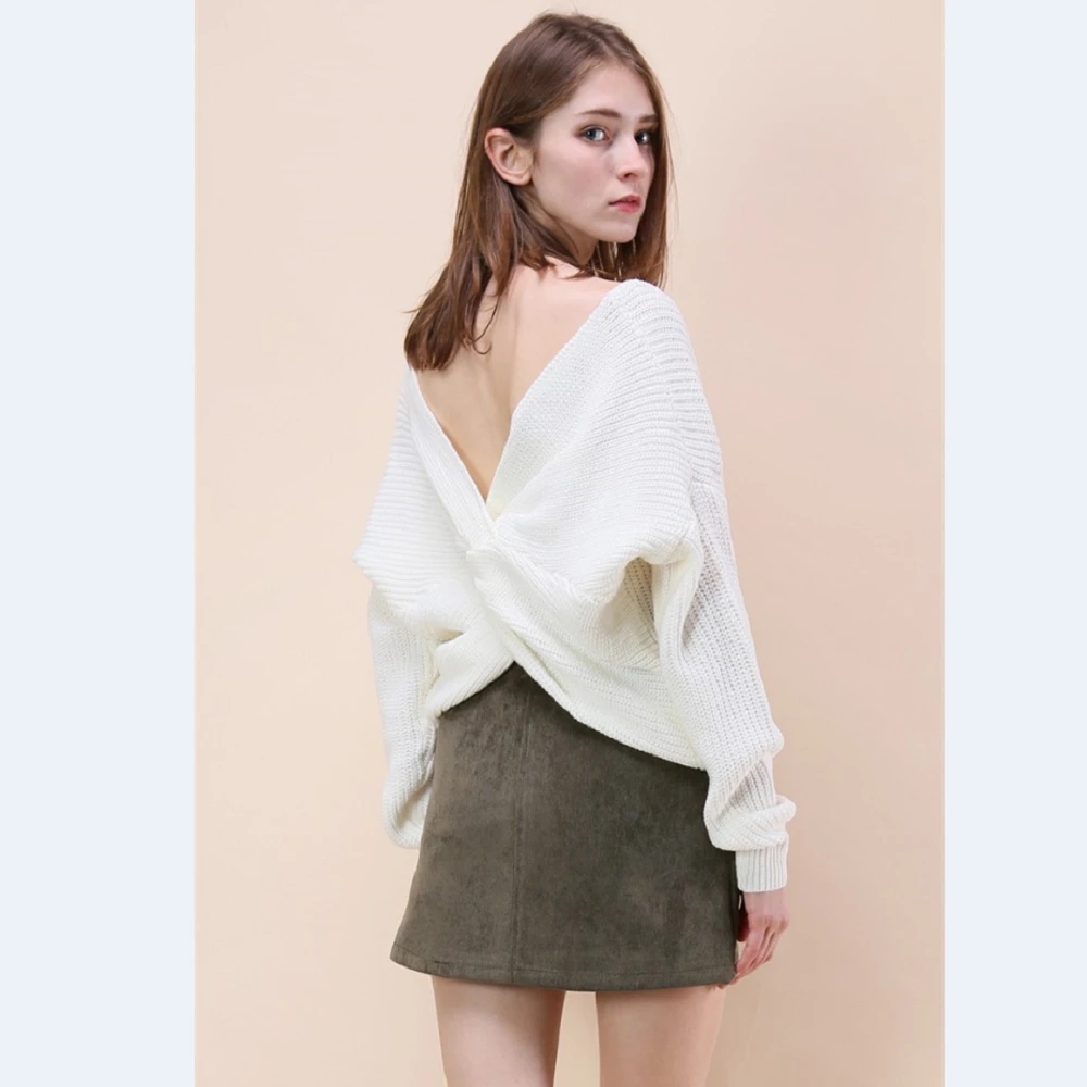 Two Wear V-Neck Knotted Halter Long Sleeve Sweater Women Sexy Twisted Jumpers Pullovers Ladies Tops Knitted Sweaters Pull Femme