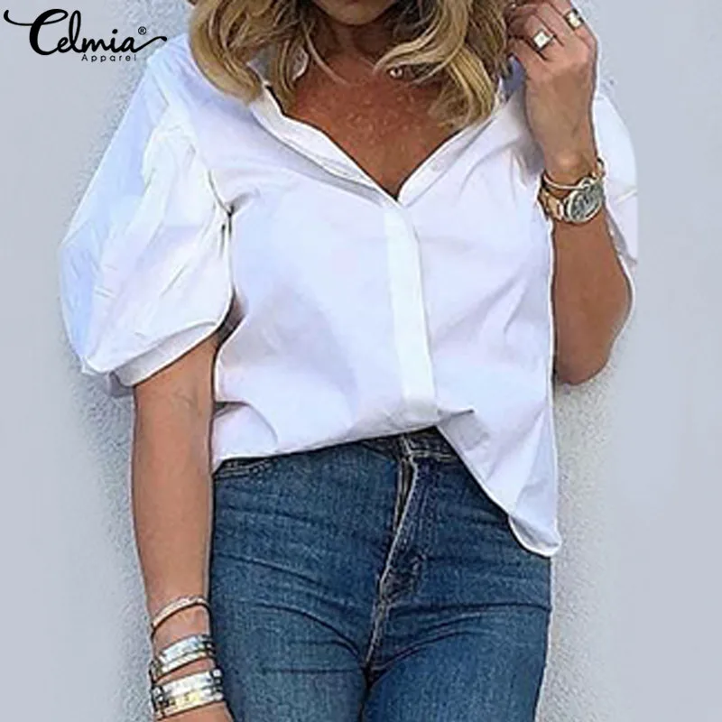 

Women Solid Buttons Blouse and Shirts Casual 2019 Summer Celmia Loose Tunic Tops Elegant Office OL Work Party Blusas Femininas