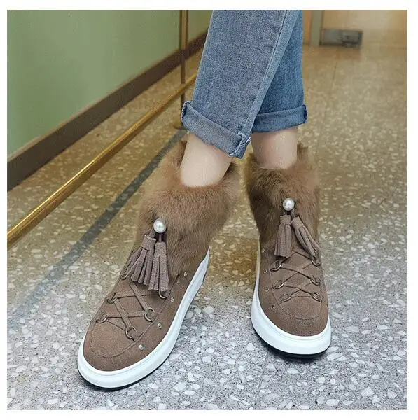 

Genuine leather winter ankle snow boots fur for women fur cow suede Leisure Martin Boots Pearl Casual Shoes Woman Female Boot