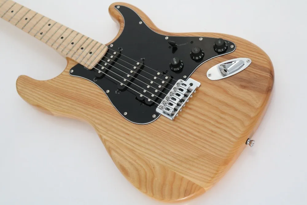 Natural ASH Wood Color Body Electric Guitar with Black Pickguard,3