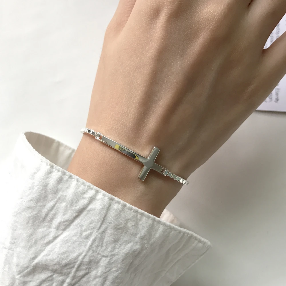 

2MM Box Chain Geometric Sideway Cross Bracelet White Gold Over 925 Sterling Silver Bracelets Unisex Jesus Christian Jewelry