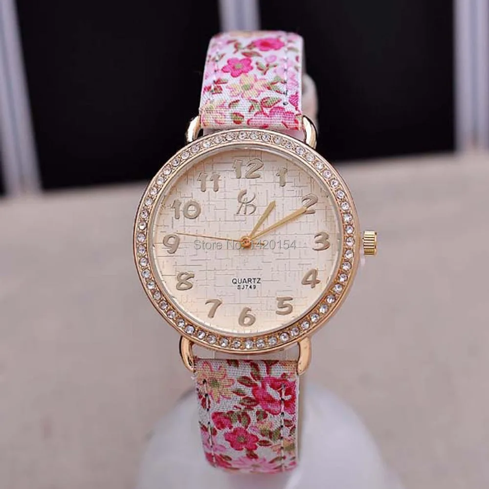 New Fashion Dress Floral Print Leather Bracelet Watch Womenin Women's