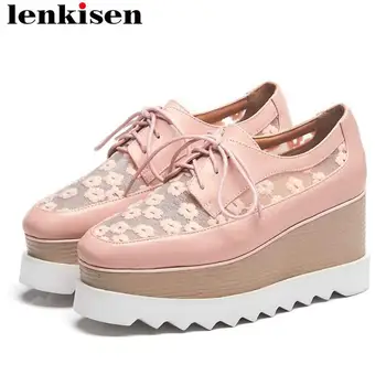 

Lenksien European punk style wedges platform lace up women pumps square toe large size cow leather breathable mesh pumps L71