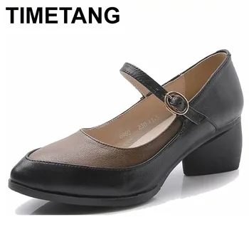 

TIMETANG 2018 Fashion Spring Thick Heels Women Pumps Genuine Leather Women's Shoes Woman High Heels Casual Women Shoes Plus Size