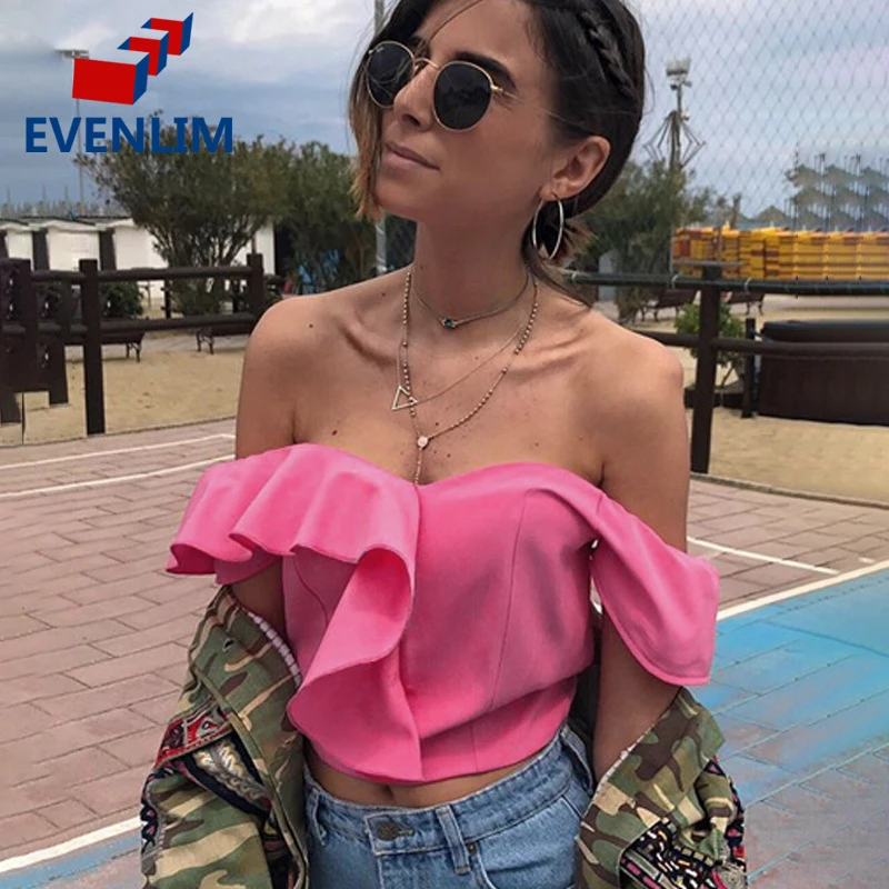 Evenlim Off Shoulder Ruffle женские укороченные топы летние пикантные спинки Slash шеи футболки