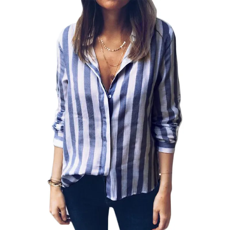 

2019 Women Blouses Long Sleeve Striped Blouse Turn-Down Collar Office Lady Shirt Female Casual Loose Tops Elegant Blouse Blusas