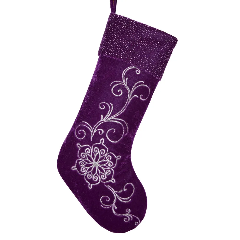 

Free shipping Purple Velvet Embroidered socks with blingbling printed glitter Cuff Luxurious Fashionable Christmas stocking