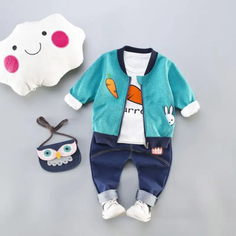 

3PCS Kid Cartoon Baby Jacket+t-shirt+ Jeans Set for Children Boys Clothes Autumn Long Sleeve Zipper Baby Boy Coat