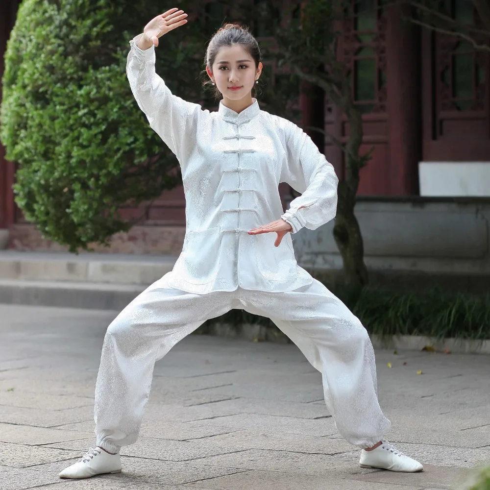 White Female Long Sleeve Wu Shu Kung Fu Suit Chinese Women's Satin Tai
