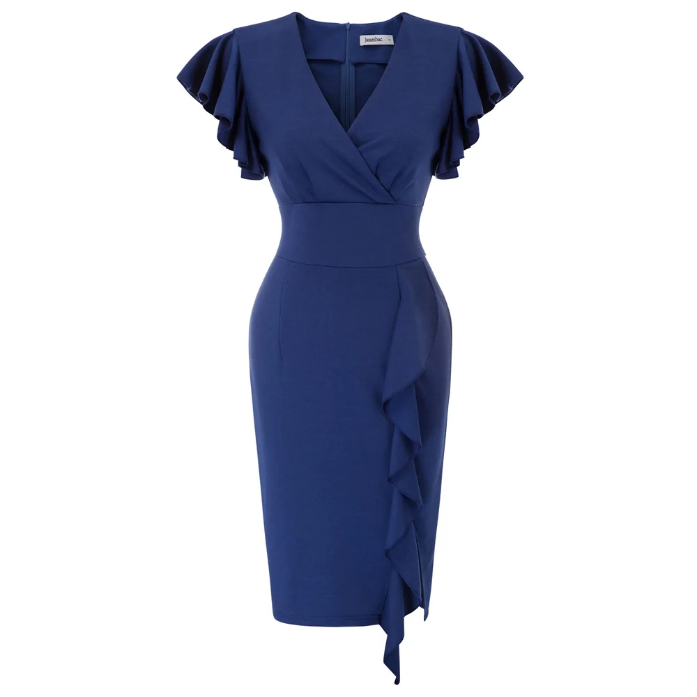 Темно-синее женское платье, Элегантное летнее винтажное платье с рюшами на рукавах, v-образным вырезом и разрезом спереди, облегающее платье, сексуальные офисные платья - Цвет: Navy Blue