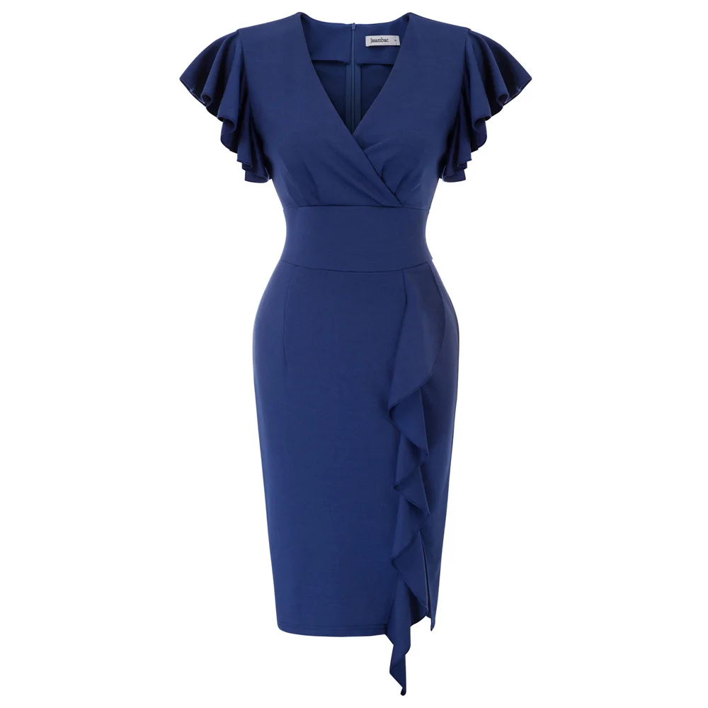 Navy Blue Темно-синее женское платье, Элегантное летнее винтажное платье с рюшами на рукавах, v-образным вырезом и разрезом спереди, облегающее платье, сексуальные офисные платья - Цвет: Navy Blue