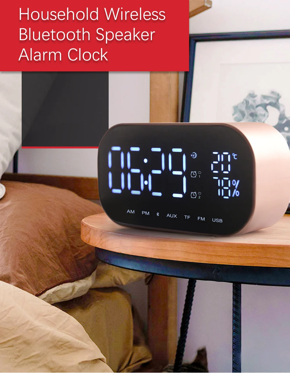 Digital Alarm Clock LED Alarm Clock FM Radio Wireless Bluetooth Speaker Support Aux TF Office Bedroom Home Snooze Display Time