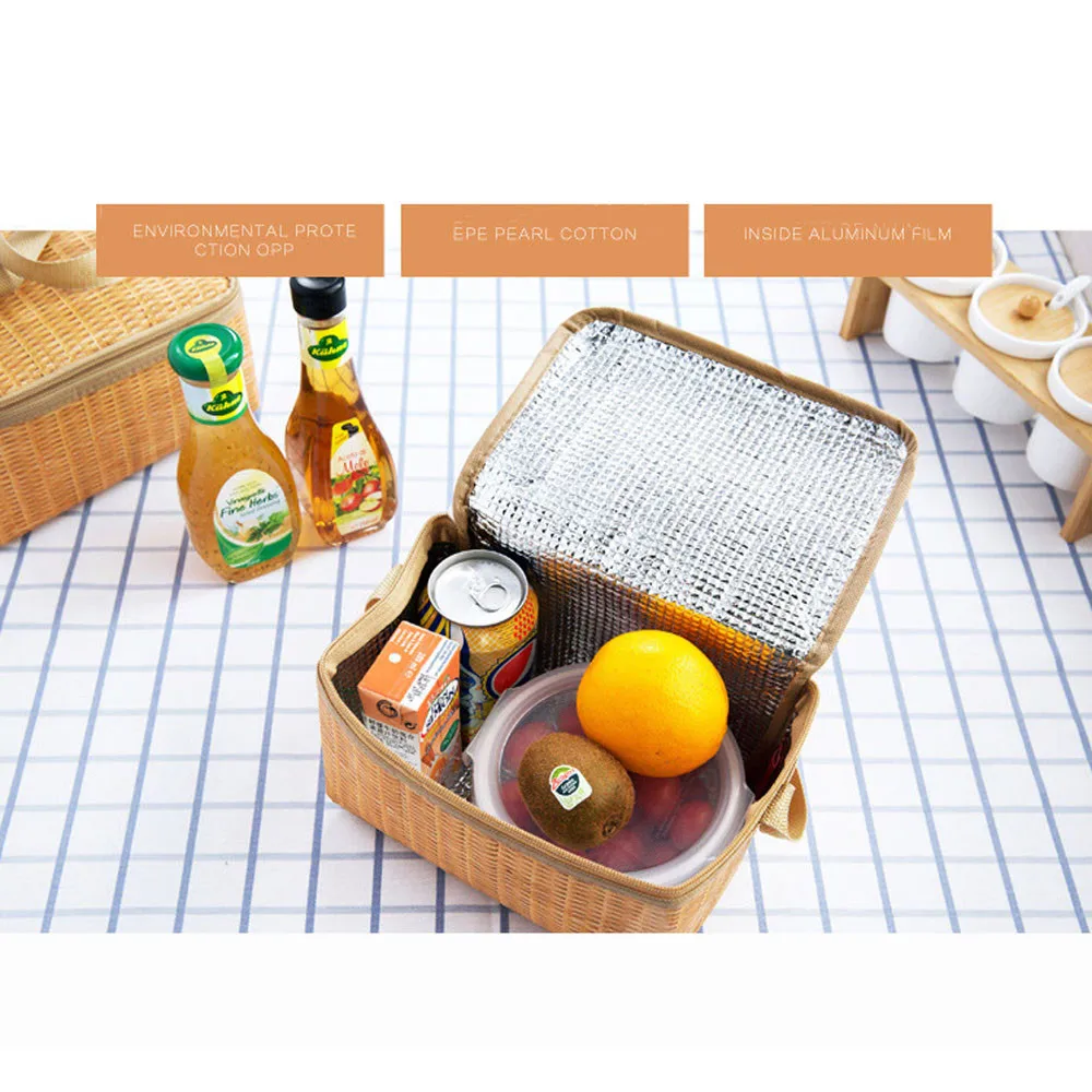 

Imitation rattan handbag waterproof insulation lunch bag Thermal Cooler Lunch Box Tote Storage Bag Picnic Container