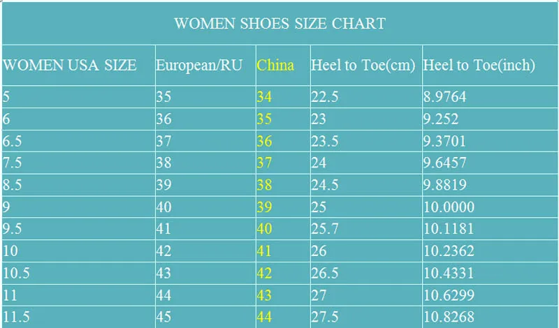 Chinese Size Chart Shoes