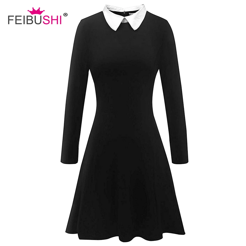 FEIBUSHI Black Dress White Collar Winter Cute Peter Pan Collar School Preppy Style Dresses Zipper Long Sleeve Brand Vestidos