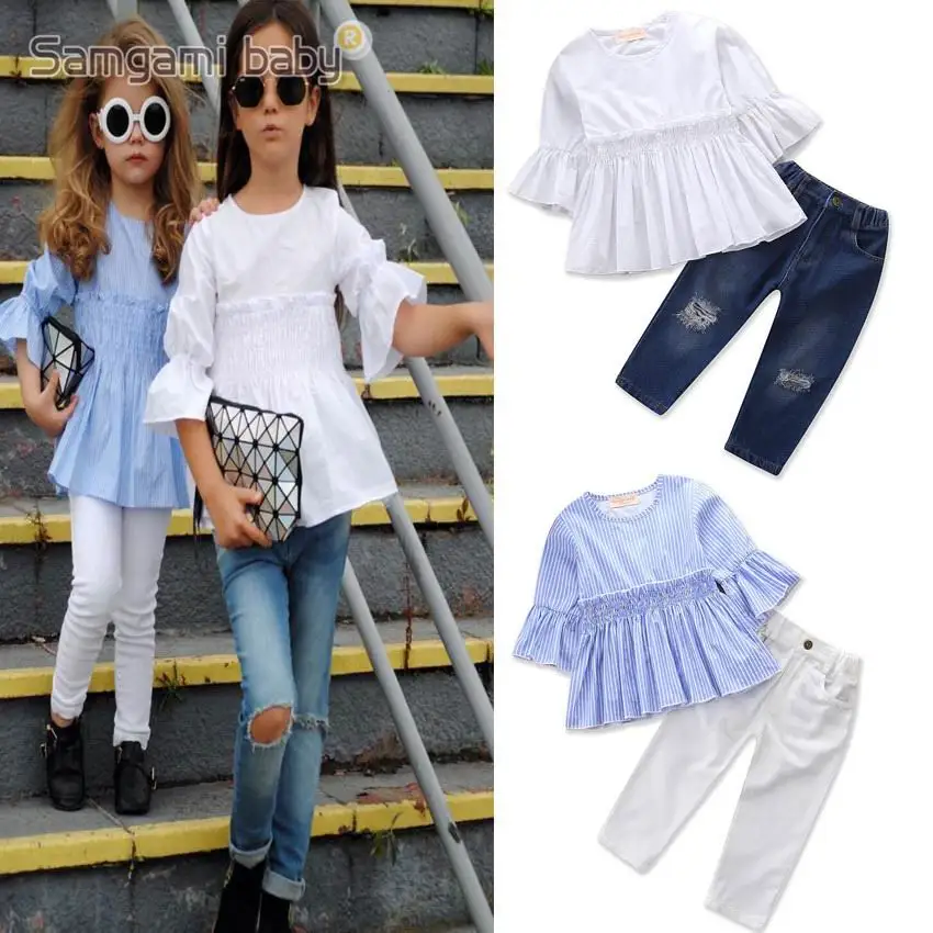

Wholesale Girls Summer Clothing Sets Half Sleeve Ruffle Shirts Jeans 2pcs Fashion Sister Outfits Kids Clothing 2-7 Years E18008