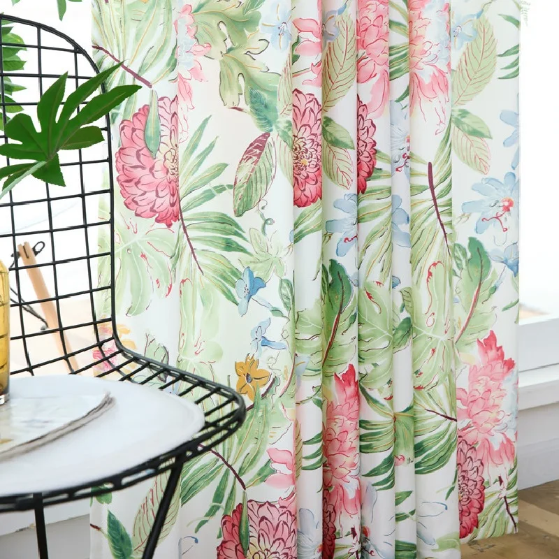 

Pastoral Drapes Curtains for Living Room Green Leaf Printing Hemp Semi-shading Window Curtain for Dining Room Bedroom Tulle