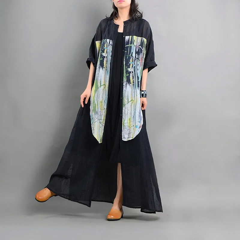 ASYMSAY 2017 Primavera Verão Solto Impressão Patchwork Retro Casaco de Trincheira Das Mulheres Do Vintage Breve Ocasional Outwear Blusão Preto AC3287