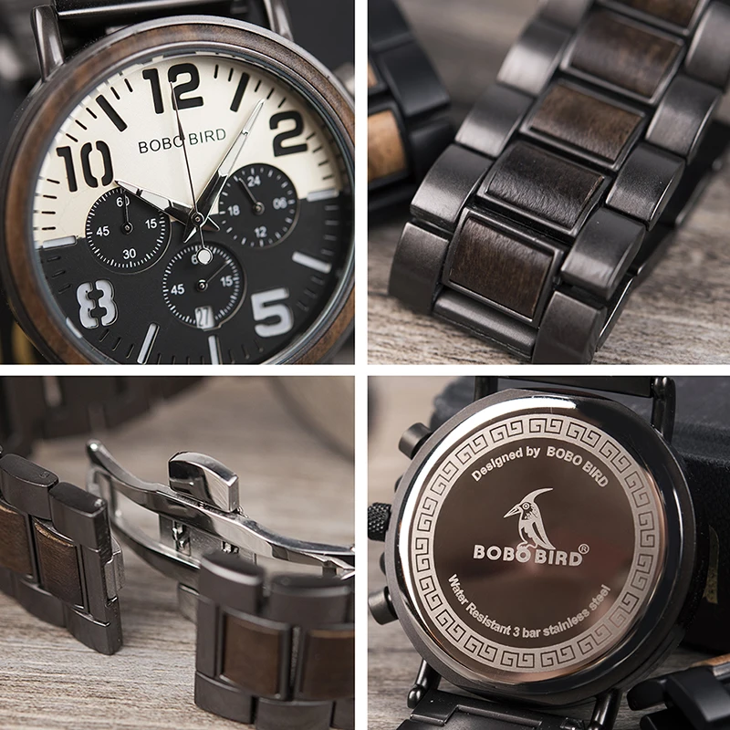Wooden Watches Men Unique Dial Stopwatch BOBO BIRD Wristwatch Stainless steel With Date Create clock Gift In Wood Box saat erkek