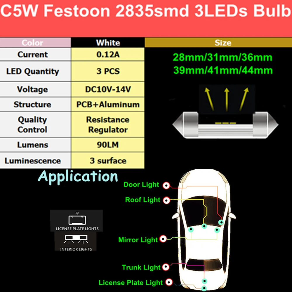 YHKOMS 10 шт. 28 мм гирлянда C5W LED 31 36 39 41 44 Автомобильный купольный свет освесветильник