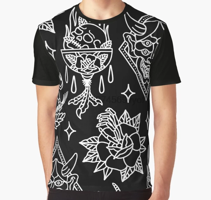 

All Over Print Women T Shirt Men Funny tshirt Black and White Traditional Tattoo Flash Pattern Graphic T-Shirt
