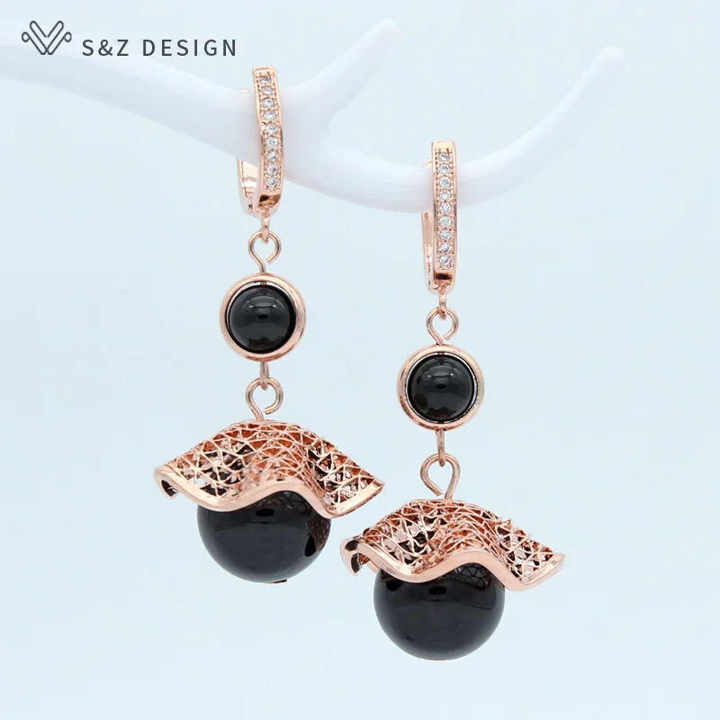 S&Z DESIGN New Blue Black Onyx Agates Round Natural Stone Dangle Earrings For Women 585 Rose Gold Color Jewelry Gift