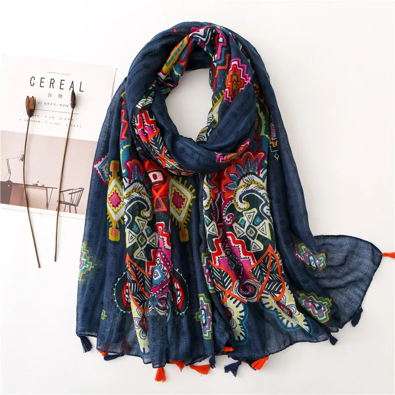 Women Scarf Autumn African Floral Tassel Viscose Scarf Luxury Brand Shawls and Wraps Soft Warm Cover-Up Muslim Hijab