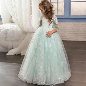 

Fshion Girl Dresses Formal Appliques O-neck Long Sleeves Ball Gown Sheer Lace First Communion Gown Pageant Dresses