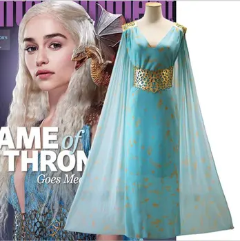 

Game of Thrones Queen Daenerys Targaryen Cosplay Costume Blue Party Dress Adult Halloween Costume For Women Plus Size 2XL