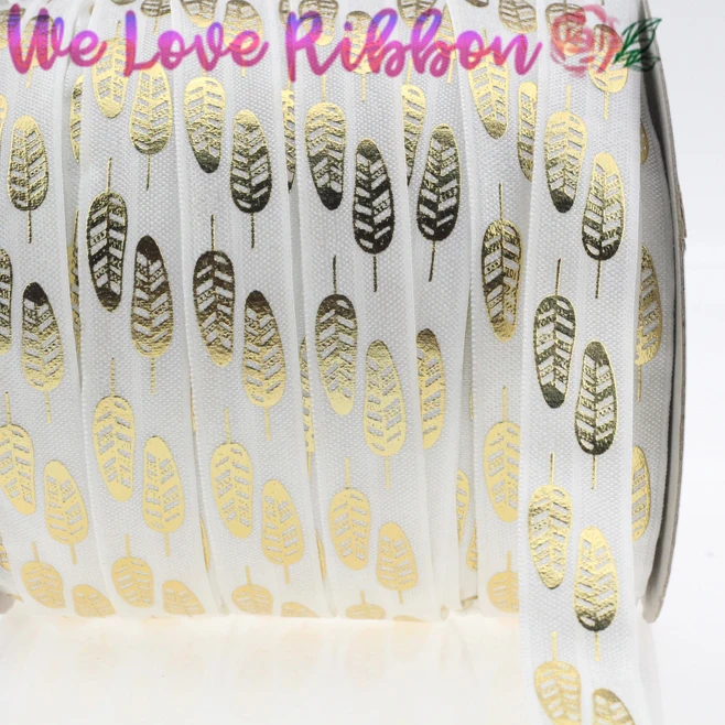 

5/8"16mm Handmade Hair Band Feather Pattern Gilding Foil Printed Fold Over Elastic Ribbon DIY Party Decor 10y BBF315S016C029