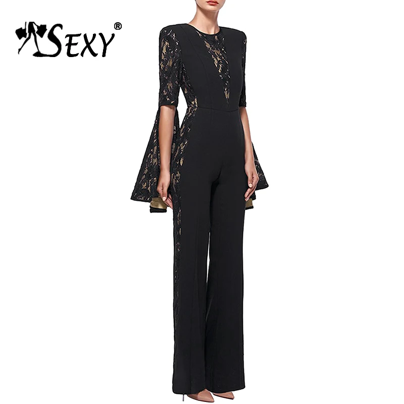 

Gosexy Sexy Lace Hollow Out O Neck Bodycon Full Length Women Jumpsuits Fashion Solid Full Sleeve Flare Split Women Bodysuits