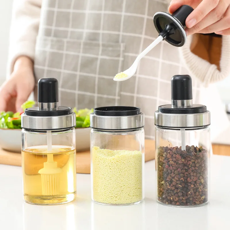 

300ML glass spice jars Bottles with oil brush bee honey spoon Sealed Seasoning Cans for Salt And Pepper oil container storage