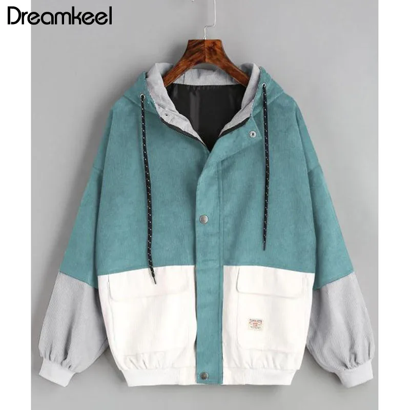 

2019 NewHit Color Patched Pocket Winter Warm Color Block Hooded Corduroy Jacket Drawstring Thick Basic Women Coat Harajuku Y