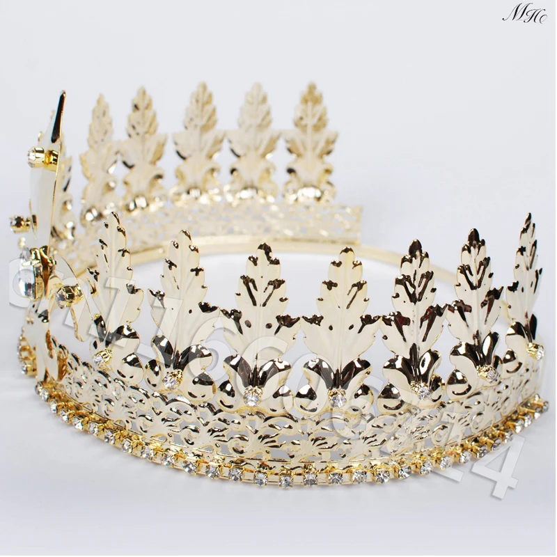 

Gold King Prince Tiara Diadem Imperial Medieval Crown For Men Fleur de Lis Crystal Pageant Party Costumes Wedding Hair Accessory