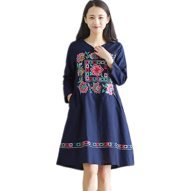 Spring Autumn New Women Fashion Embroidery Linen Dress Chinese Style Qaulity Brand Causal Clothing Vintage Loose National | Женская