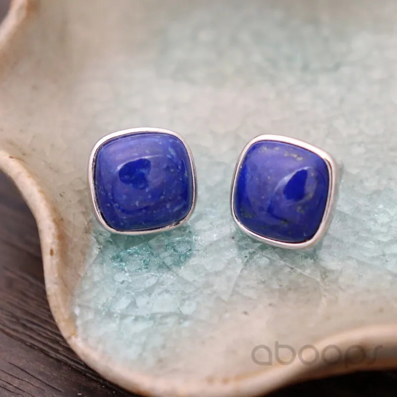12mm Vintage 925 Sterling Silver Square Lapis Lazuli Stud Earrings for Women Girls Free Shipping Fashion Jewelry