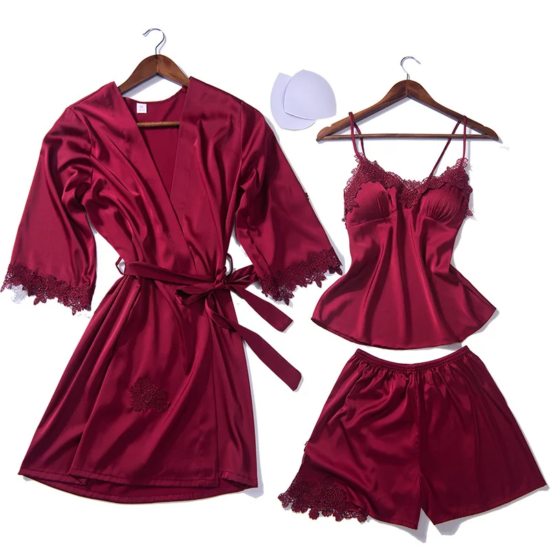 

ZOOLIM Autumn Pajama Set Pyjamas Women with Chest Pads Sexy Satin Sleepwear Silk Sleep & Lounge Nightwear Female 3 Piece Sets