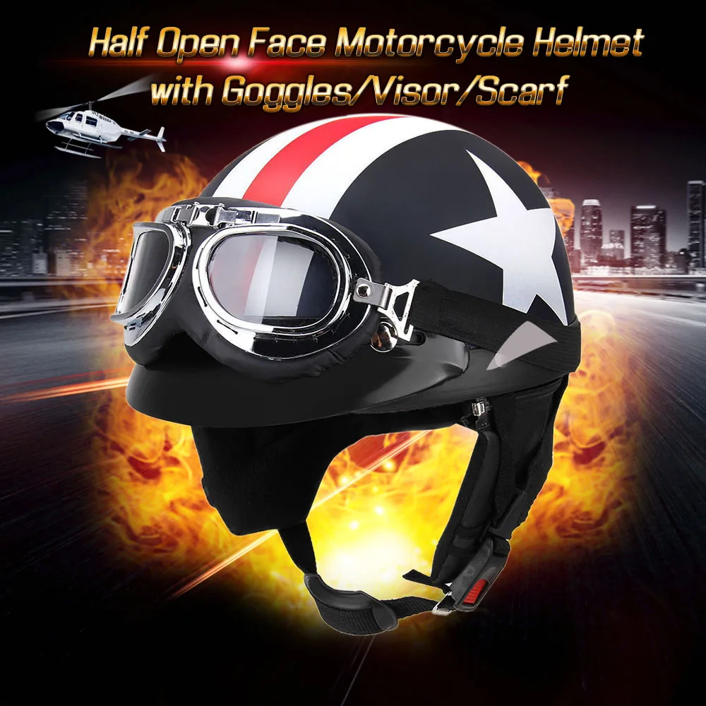 

Half Open Face Motorcycle Helmet with Goggles Visor Scarf Biker Scooter Touring Helmet