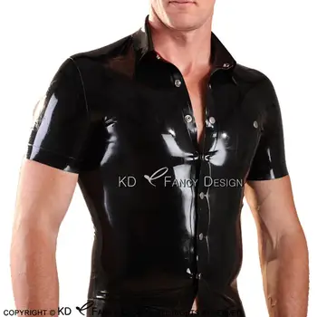 

Black Sexy Latex Shirt With Buttons At Front Short Sleeves Turn Down Collar Rubber Top Clothes Clothings YF-0121