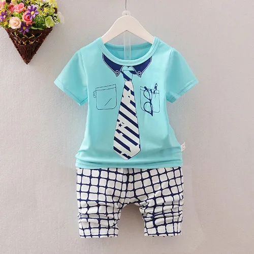 Летние детские костюмы, детские футболки с галстуком-бабочкой, комплекты одежды для мальчиков, футболка с рисунком+ штаны, модная одежда - Цвет: blue necktie