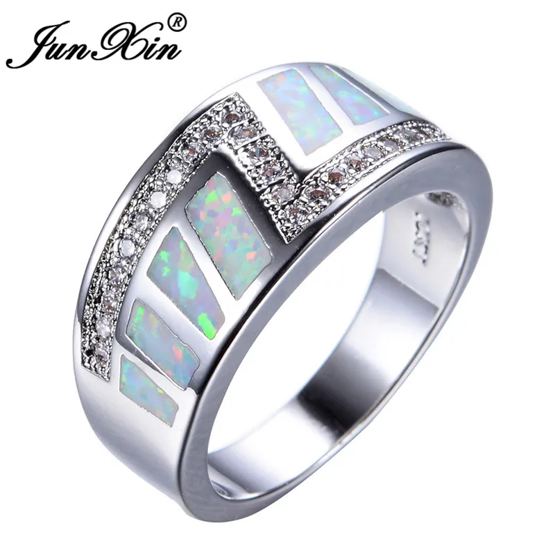 JUNXIN White Fire Opal Geometric Ring White Gold Filled