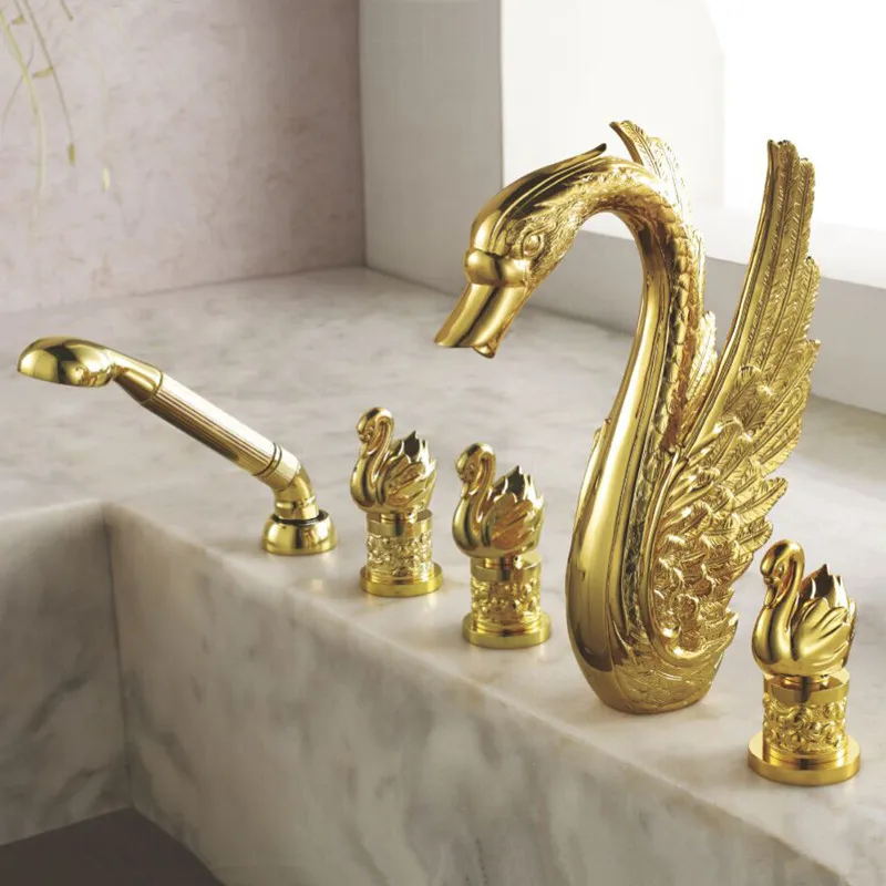 Three Handles Gold Plating Bathroom Bathtub Faucet 5 Hole Luxury And