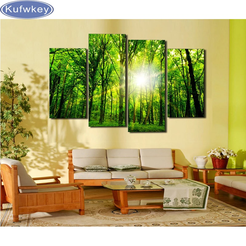 Image Wholesale 4pcs green forest   embroidery diy Diamond painting Rhinestone home Decoration  needlework Wall stickers Handmade