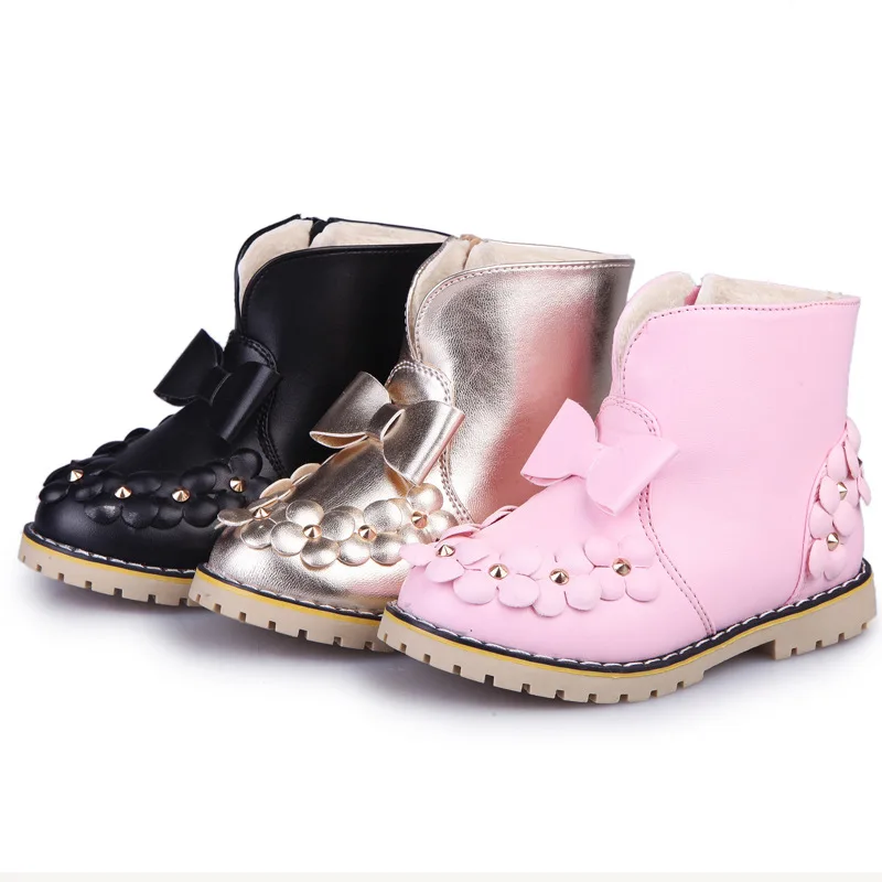 

2018 New Arrive Children's Shoes Winter Butterfly Knot Flower Girl Boots Warm Cotton Non-slip Soft Bottom Pink Kids Ankle Boots